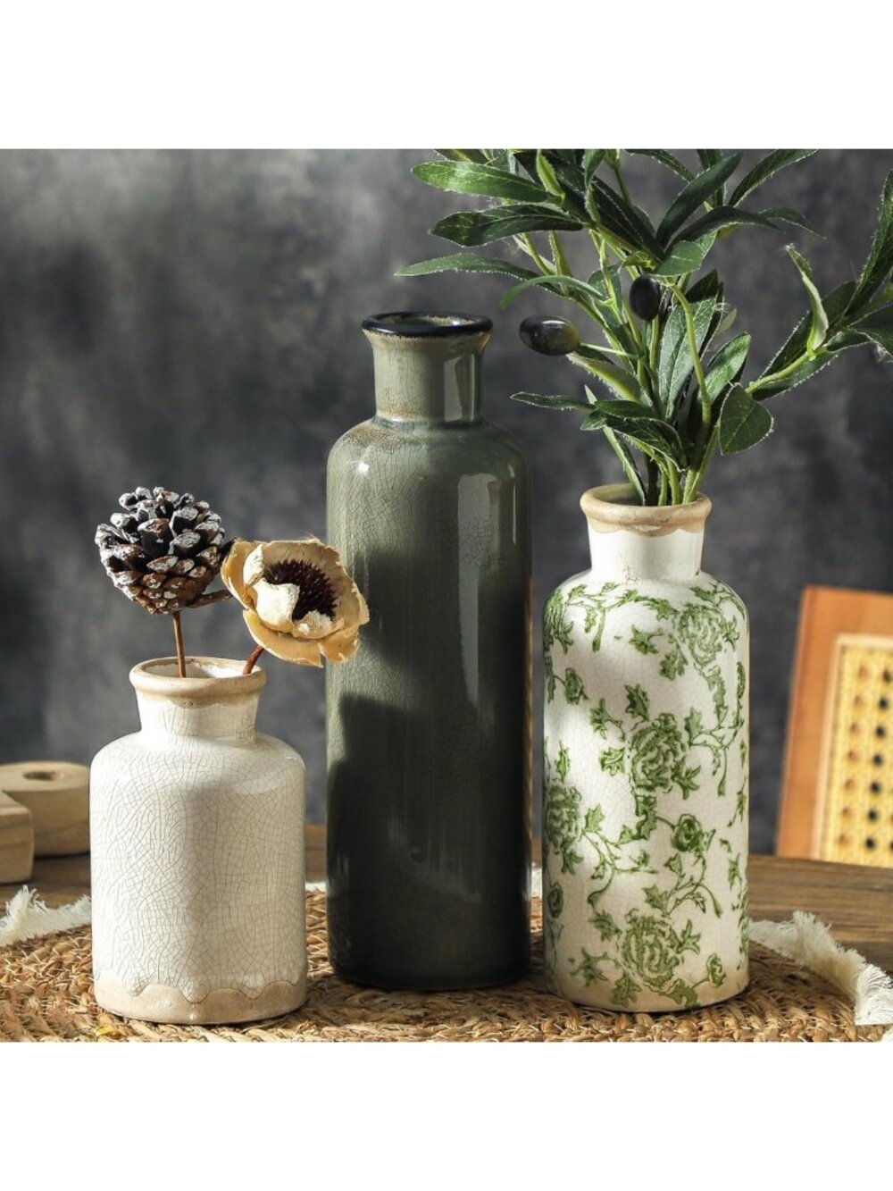 Chic Vintage Ceramic Vase Set of 3 - Retro Floral Home Decor for Living Room